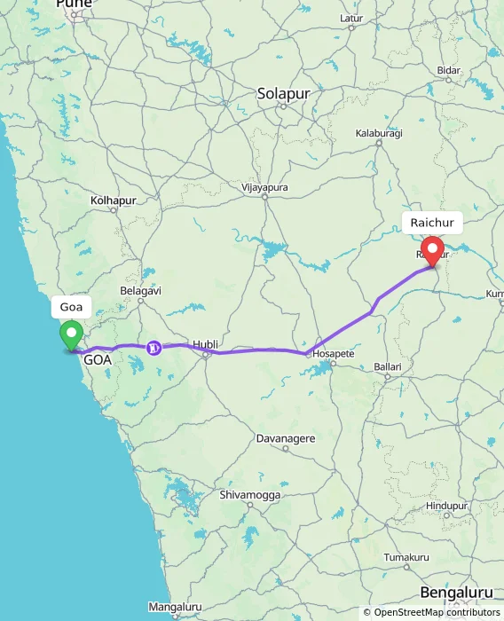 Route map showing distance and travel time from Goa, India to Raichur, India