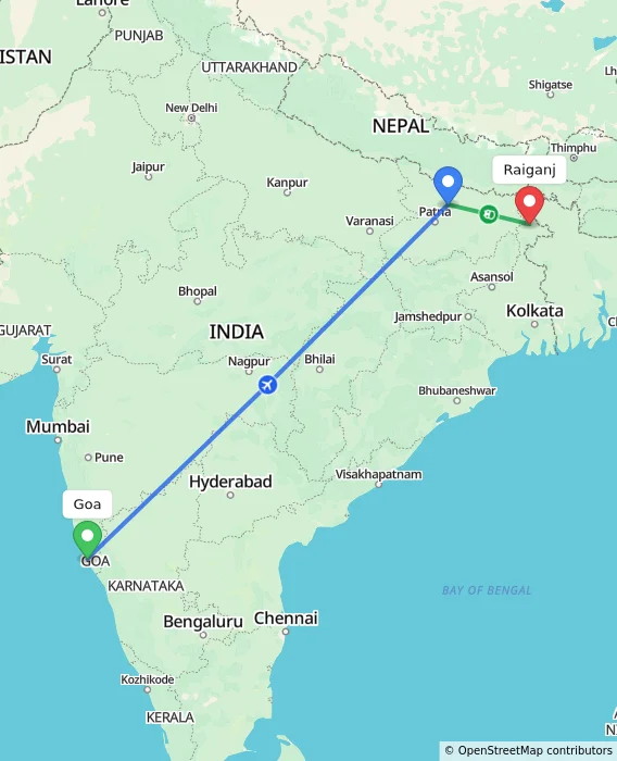 Route map showing distance and travel time from Goa, India to Raiganj, India