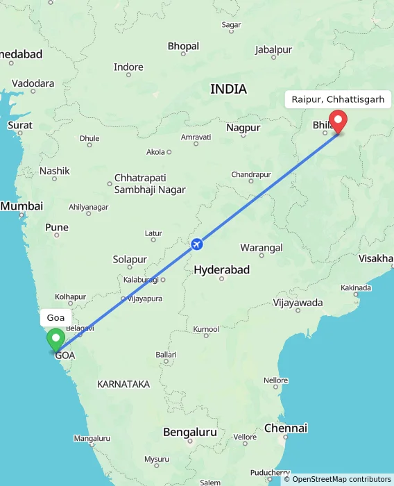 Route map showing distance and travel time from Goa, India to Raipur, Chhattisgarh, India