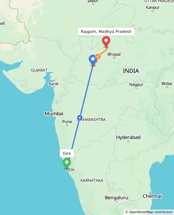 Route map showing distance and travel time from Goa, India to Rajgarh, Madhya Pradesh, India