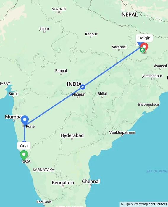 Route map showing distance and travel time from Goa, India to Rajgir, India