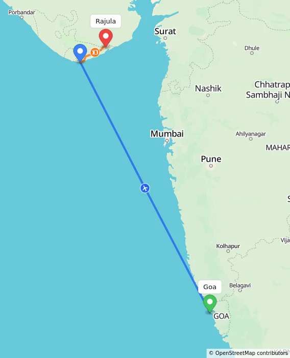 Route map showing distance and travel time from Goa, India to Rajula, India