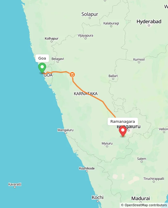 Route map showing distance and travel time from Goa, India to Ramanagara, India