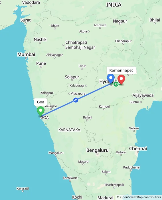 Route map showing distance and travel time from Goa, India to Ramannapet, India