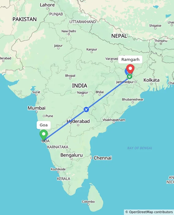 Route map showing distance and travel time from Goa, India to Ramgarh, India