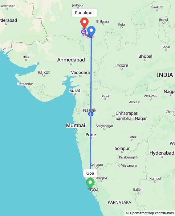 Route map showing distance and travel time from Goa, India to Ranakpur, India