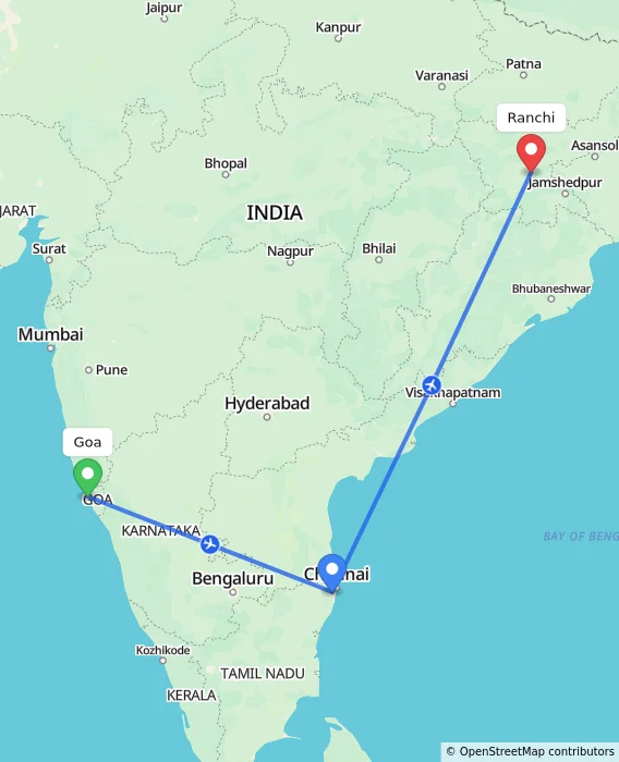 Route map showing distance and travel time from Goa, India to Ranchi, India