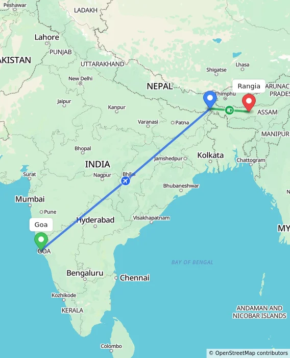 Route map showing distance and travel time from Goa, India to Rangia, India