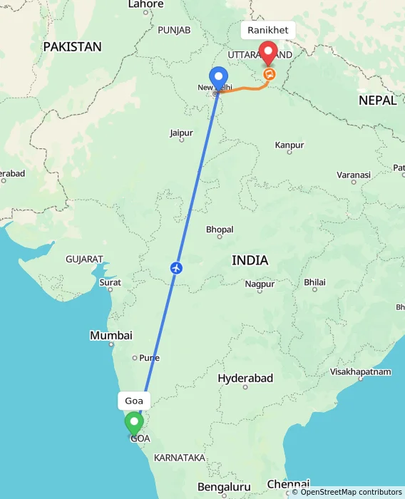 Route map showing distance and travel time from Goa, India to Ranikhet, India