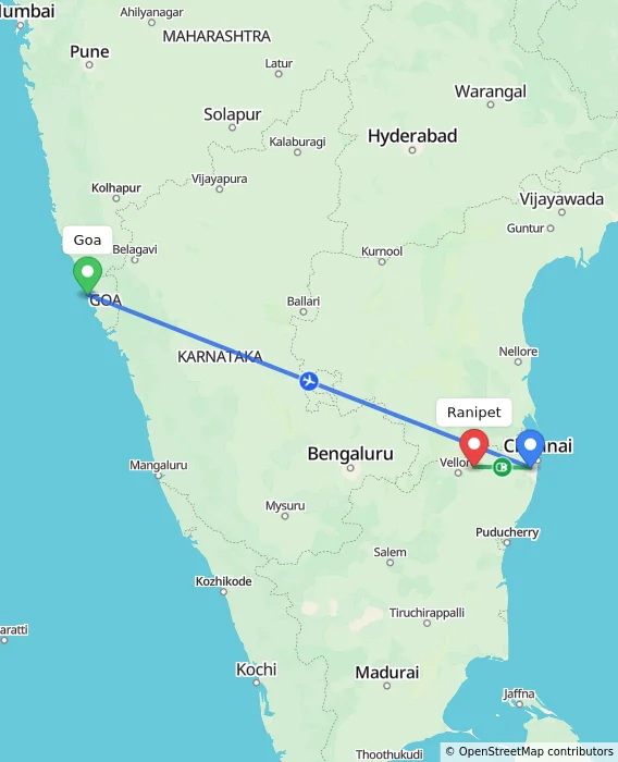Route map showing distance and travel time from Goa, India to Ranipet, India