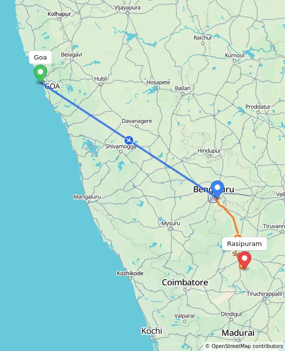 Route map showing distance and travel time from Goa, India to Rasipuram, India