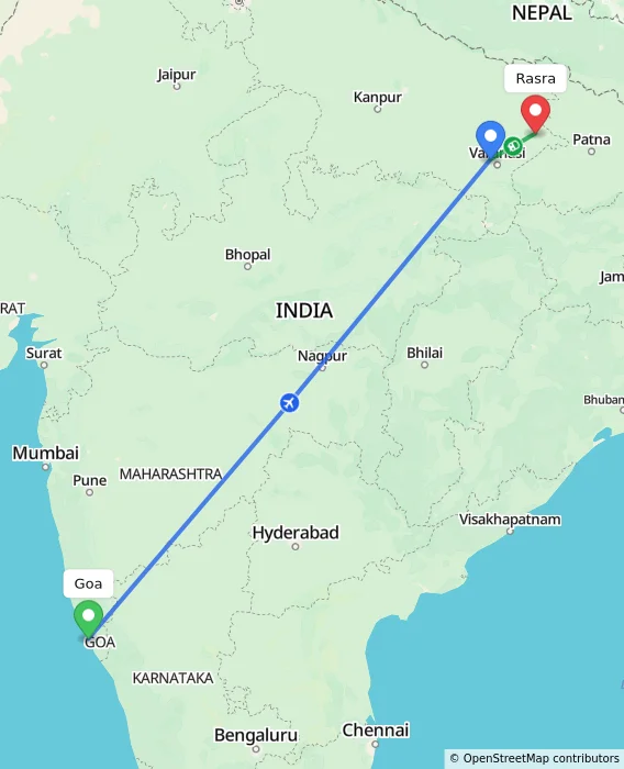 Route map showing distance and travel time from Goa, India to Rasra, India