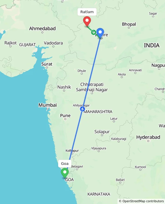 Route map showing distance and travel time from Goa, India to Ratlam, India