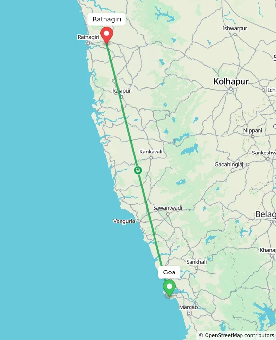 Route map showing distance and travel time from Goa, India to Ratnagiri, India