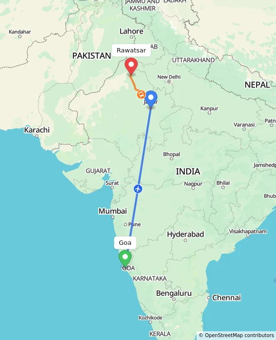 Route map showing distance and travel time from Goa, India to Rawatsar, India