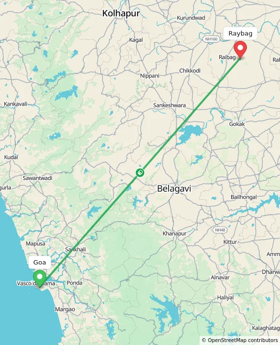 Route map showing distance and travel time from Goa, India to Raybag, India