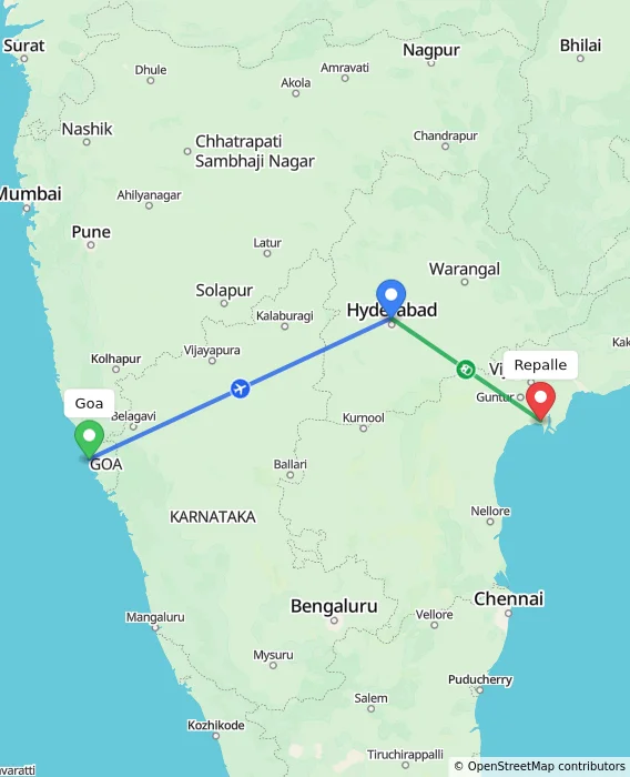 Route map showing distance and travel time from Goa, India to Repalle, India
