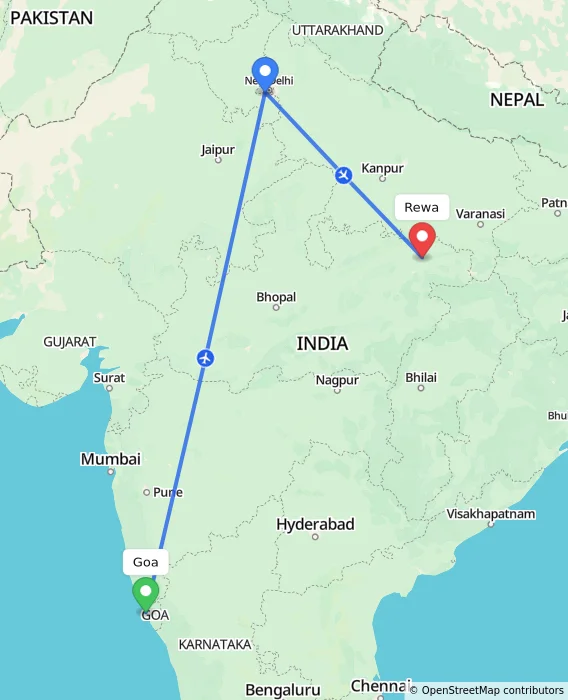 Route map showing distance and travel time from Goa, India to Rewa, India