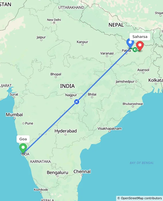 Route map showing distance and travel time from Goa, India to Saharsa, India
