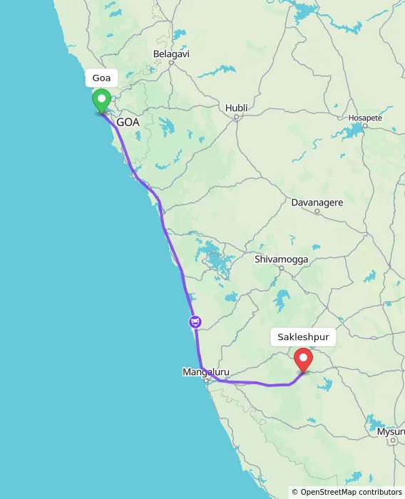 Route map showing distance and travel time from Goa, India to Sakleshpur, India