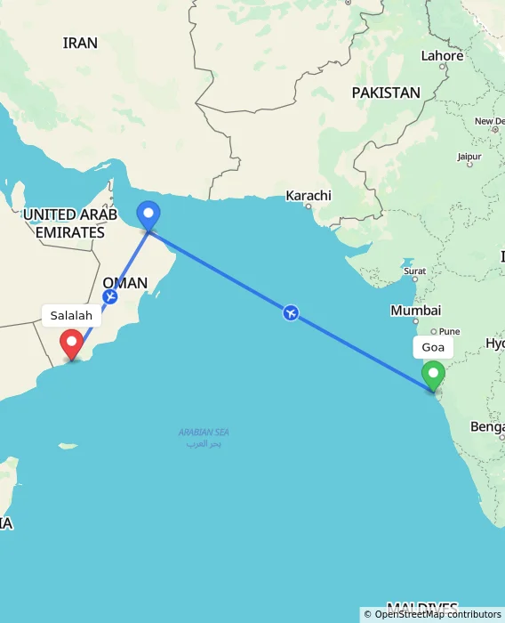 Route map showing distance and travel time from Goa, India to Salalah, Oman