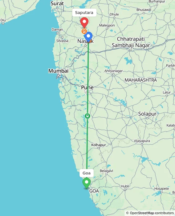 Route map showing distance and travel time from Goa, India to Saputara, India