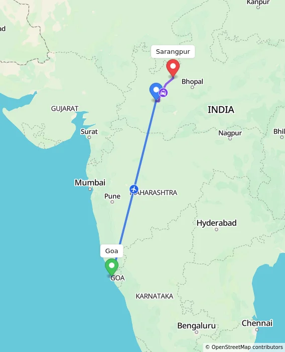 Route map showing distance and travel time from Goa, India to Sarangpur, India