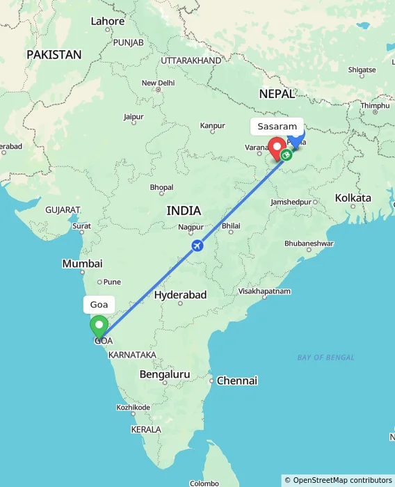 Route map showing distance and travel time from Goa, India to Sasaram, India