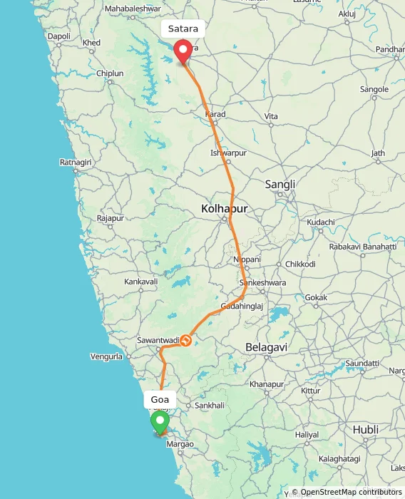 Route map showing distance and travel time from Goa, India to Satara, India