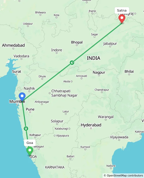 Route map showing distance and travel time from Goa, India to Satna, India