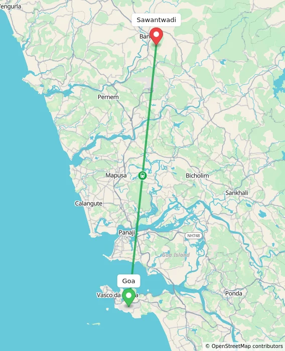 Route map showing distance and travel time from Goa, India to Sawantwadi, India