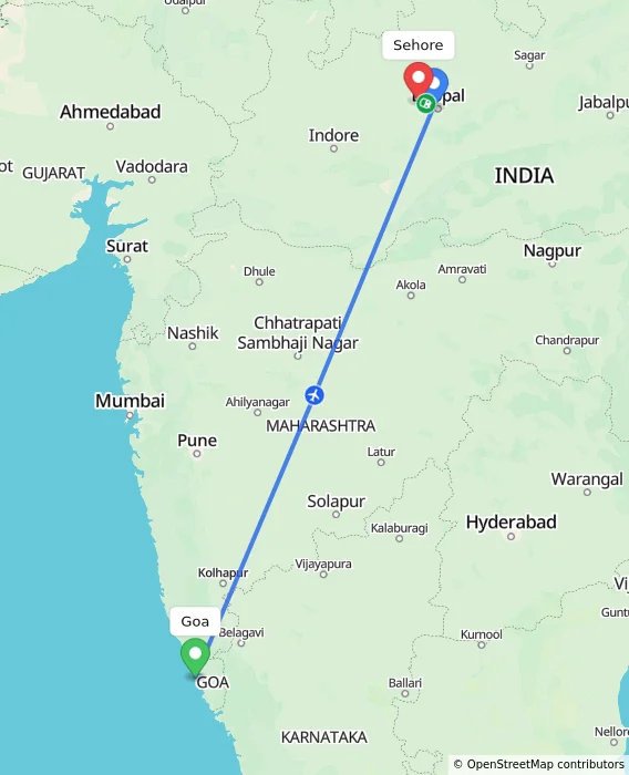 Route map showing distance and travel time from Goa, India to Sehore, India
