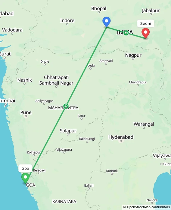 Route map showing distance and travel time from Goa, India to Seoni, India
