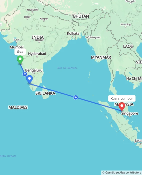 Route map showing distance and travel time from Goa, India to Sepang, Malaysia