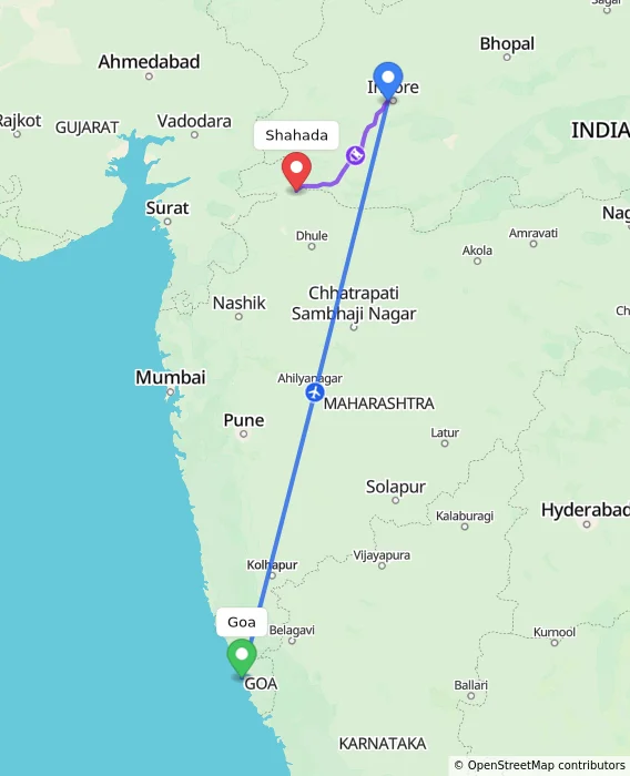 Route map showing distance and travel time from Goa, India to Shahada, India