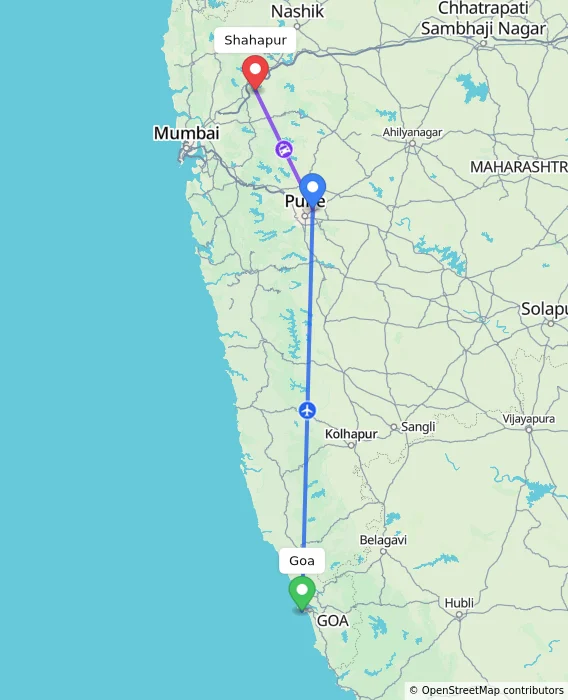 Route map showing distance and travel time from Goa, India to Shahapur, India