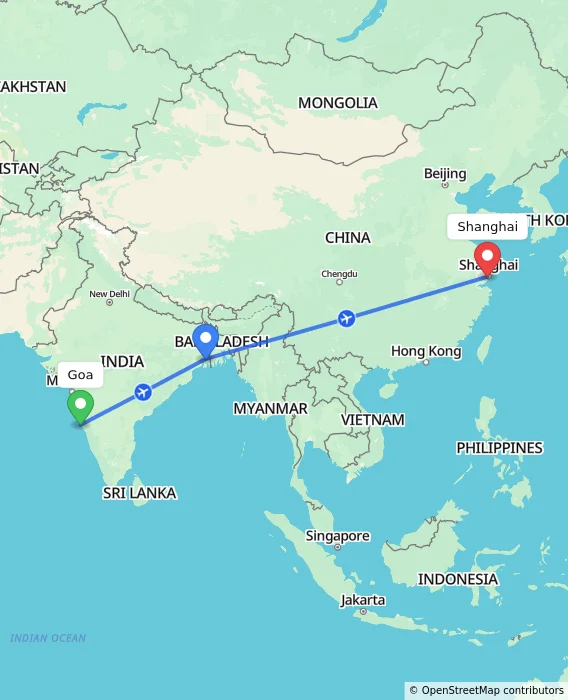 Route map showing distance and travel time from Goa, India to Shanghai, China