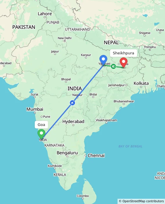 Route map showing distance and travel time from Goa, India to Sheikhpura, India