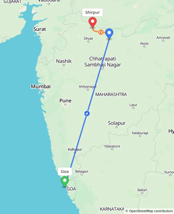 Route map showing distance and travel time from Goa, India to Shirpur, India