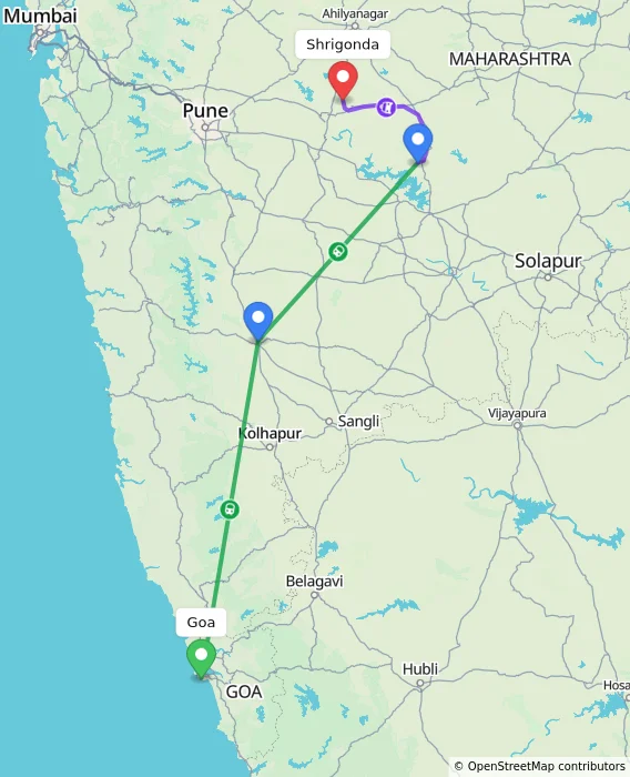 Route map showing distance and travel time from Goa, India to Shrigonda, India