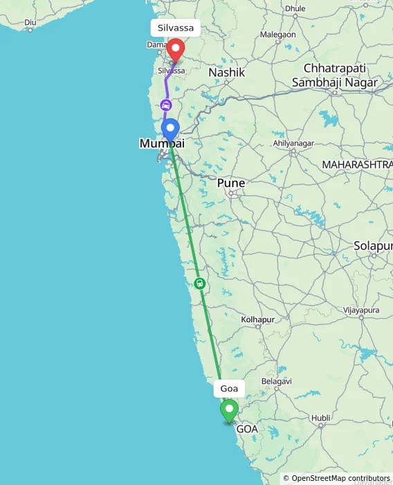 Route map showing distance and travel time from Goa, India to Silvassa, India