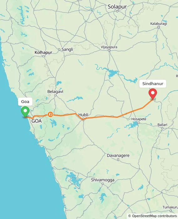 Route map showing distance and travel time from Goa, India to Sindhanur, India