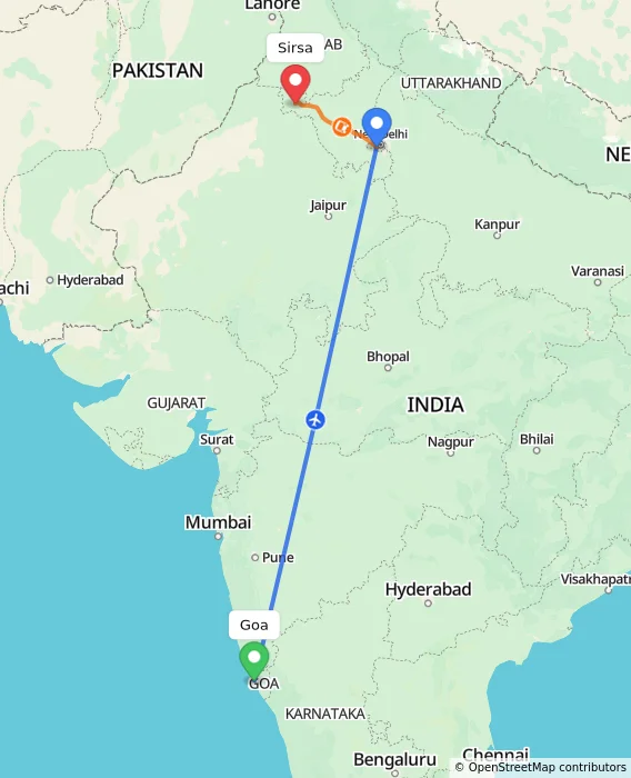 Route map showing distance and travel time from Goa, India to Sirsa, India
