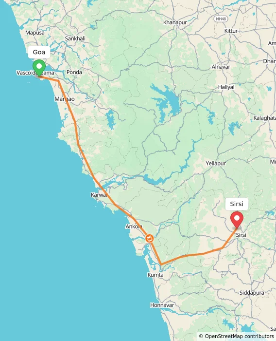 Route map showing distance and travel time from Goa, India to Sirsi, India