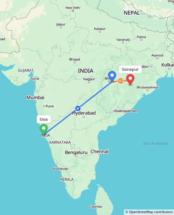 Route map showing distance and travel time from Goa, India to Sonepur, India
