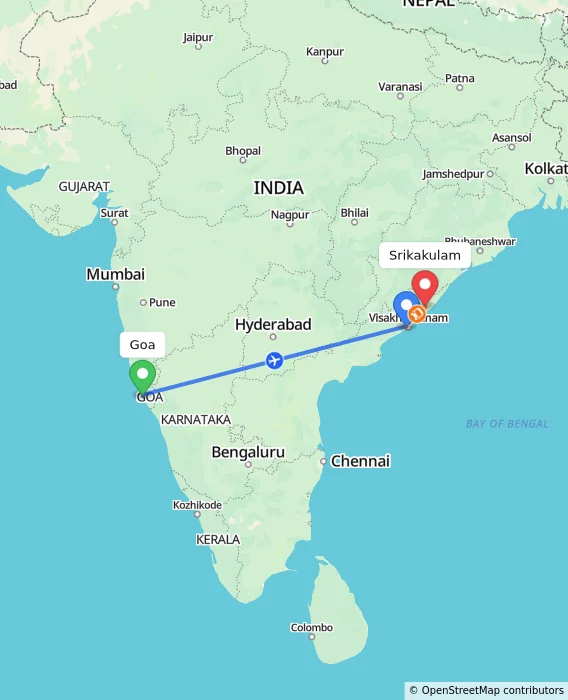 Route map showing distance and travel time from Goa, India to Srikakulam, India