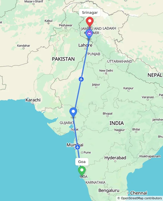 Route map showing distance and travel time from Goa, India to Srinagar, India