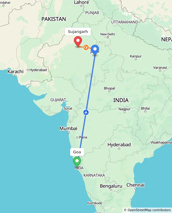 Route map showing distance and travel time from Goa, India to Sujangarh, India