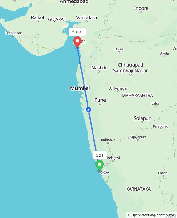 Route map showing distance and travel time from Goa, India to Surat, India