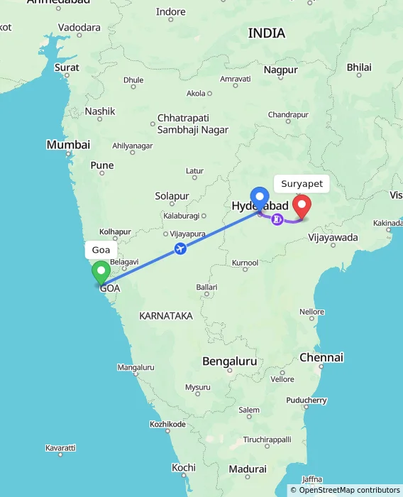 Route map showing distance and travel time from Goa, India to Suryapet, India